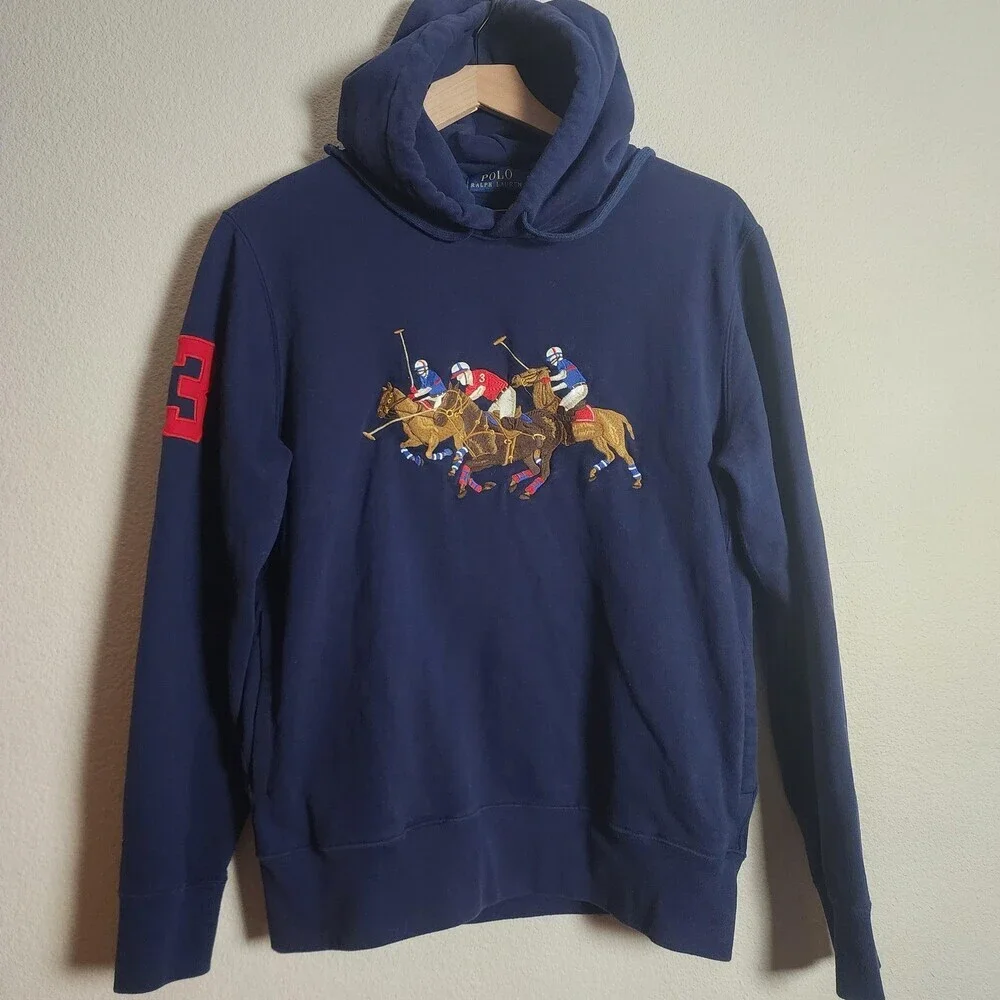 Polo Ralph Lauren Hoodie Mens Small Blue Pullover Polo Players Graphic 3 Sleeve